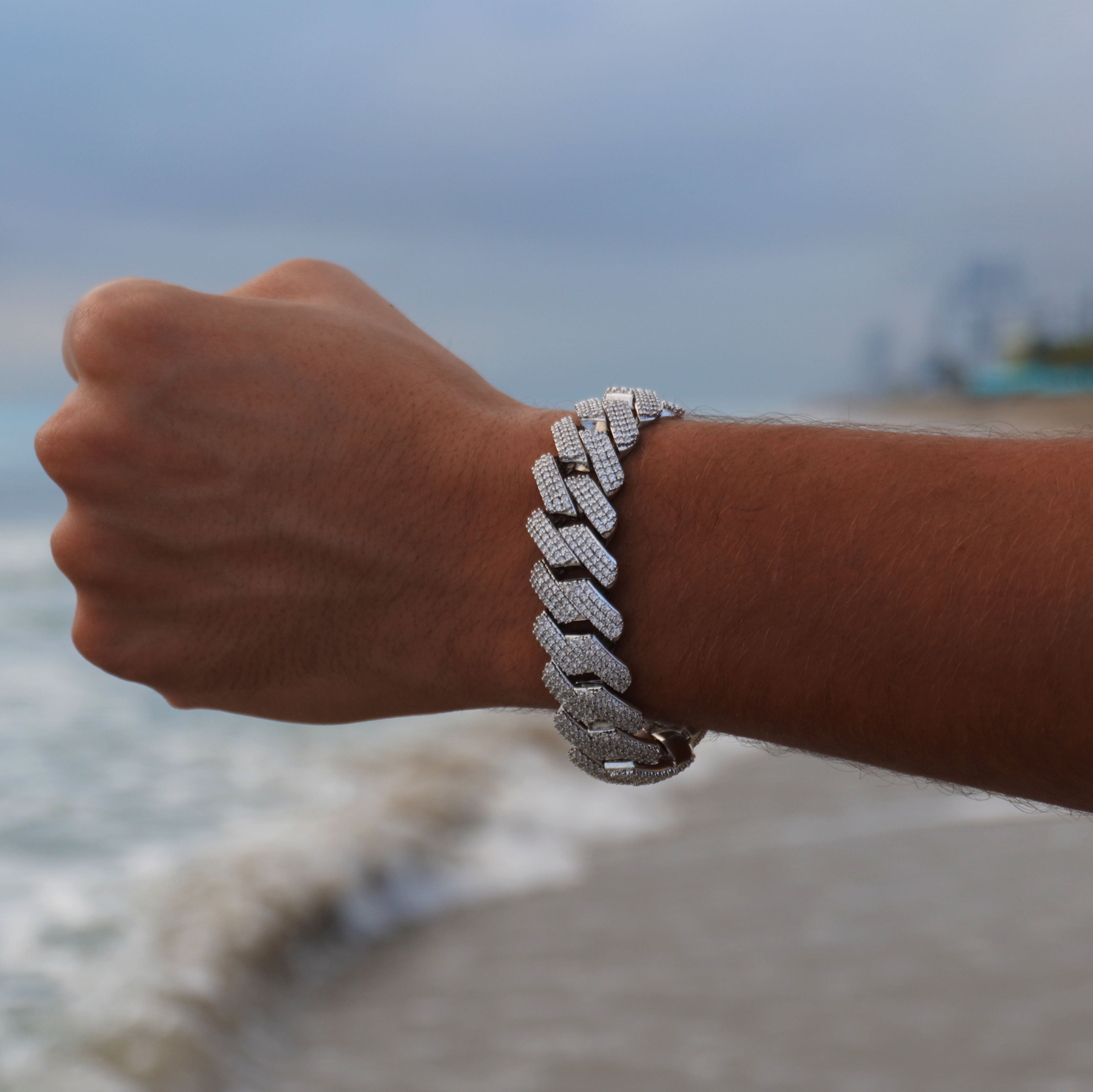 Silver 19MM Prong Set Cuban Link Bracelet